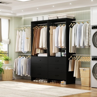 Aheaplus Set of 2 Closet System with 6 Drawers and 6 Hanging Rods, Adjustable Clothes Organizer