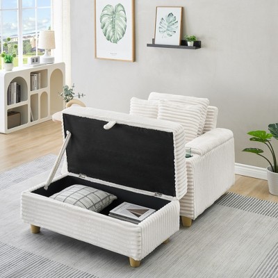 57" Corduroy Single Sofa Chair with One Pillow, Two Throw Pillows, Footstool, and Two Storage Spaces, Comfortable and Stain-Resistant Sofa