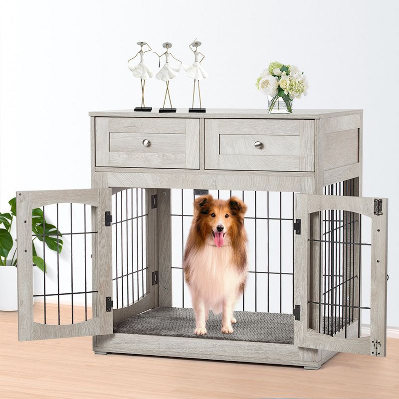 Dog Crate Furniture with 3 Doors,39.4" Large Dog Crate with 2 Drawer & Cushion,Wooden Dog House Kennel for Medium/Large Dog, 1 of 6