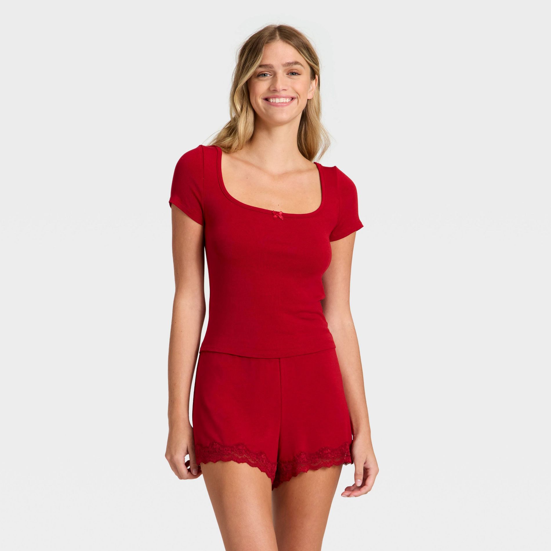 Women's Ribbed Short Sleeve Shirt and Shorts Pajama Set - Auden™ Red S