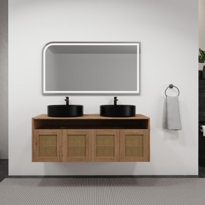 GDFStudio Emily Wall Mounted Rattan Door Bathroom Vanity with Ceramic Sink, 48" - 1 of 4