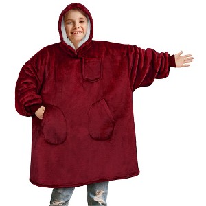 PAVILIA Wearable Blanket Sweatshirt for Kids Boy Girl, Warm Cozy Oversized Giant Hoodie, Fleece Faux Shearling Two Pocket - 1 of 4