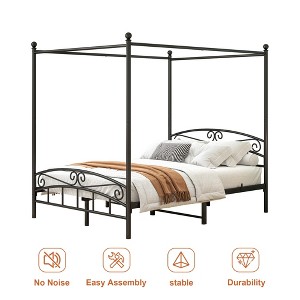 SEVOBAL Beds Queen Size Metal Canopy Bed Frame with Ornate Headboard and Footboard - Elegant Bedroom Centerpiece, Black, 59.84"*25.2"*3.74" - 1 of 4