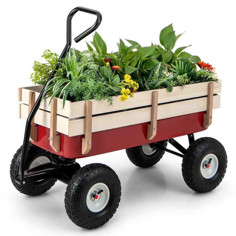 Costway Outdoor Wagon Pulling Children Kid Garden Cart with Wood Railing Red 330lbs, 1 of 11