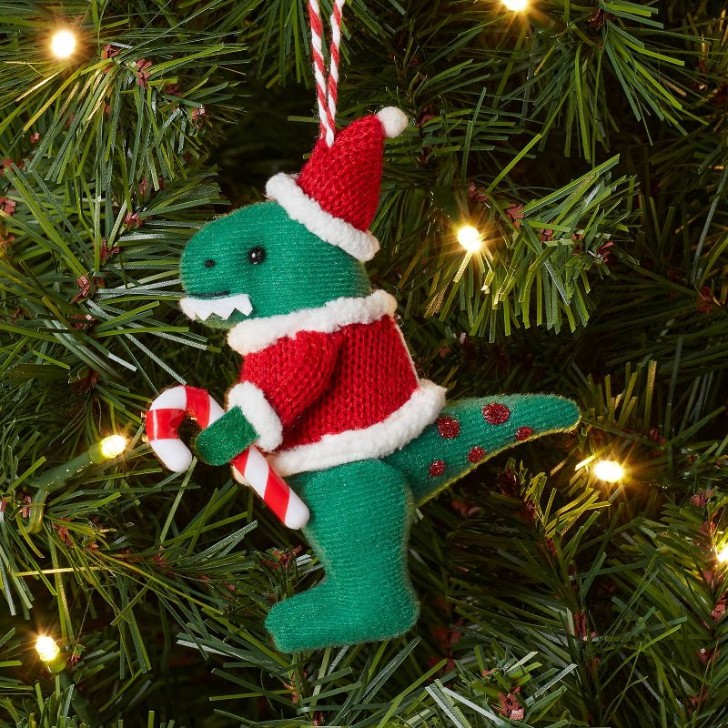 Fabric Tyrannosaurus Rex with Candy Cane Christmas Tree Ornament Green/Red - Wondershop&#8482;, 2 of 4