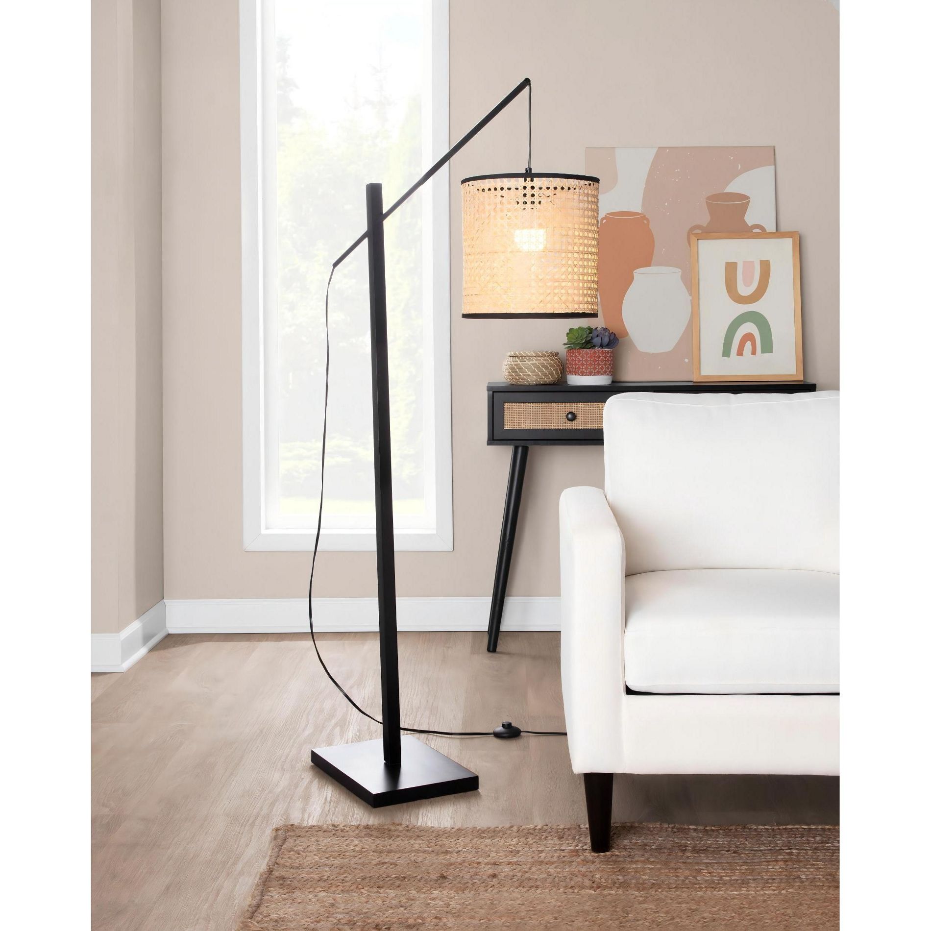 60 inch Contemporary Floor Lamp with Black Wood Base and Rattan Shade with Adjustable Head