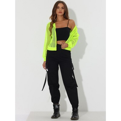 INSPIRE CHIC Women's Zip Up Long Sleeve Mesh Sheer Hoodie Bomber Jackets 2 Packs Neon Yellow/Black Small — фото 4