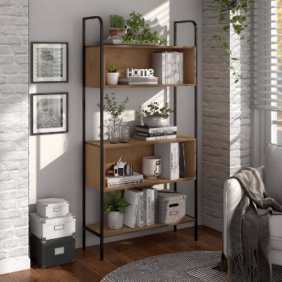 Distressed Oak and Black Metal 67" Bookcase with Cubes