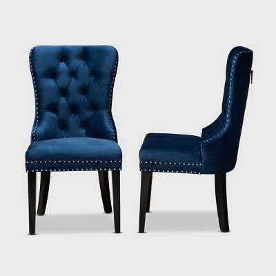 Navy Blue Velvet Upholstered Oak Dining Chair Set