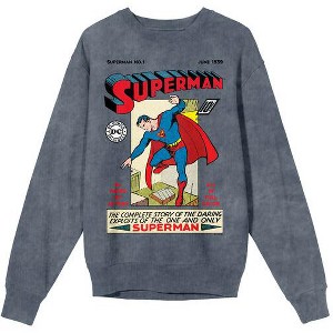 Superman 90th Anniversary Retro Cover Art Adult Mineral Wash Dark Slate Crew Neck Long Sleeve Sweatshirt - 1 of 1