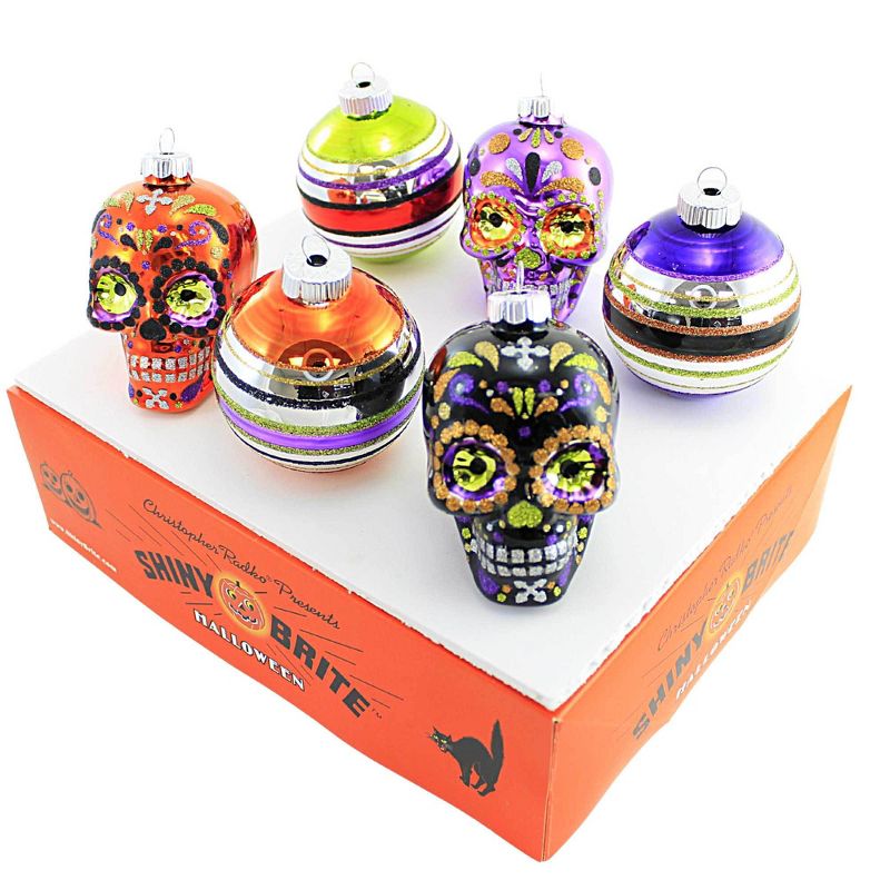 Shiny Brite 3.25 In 3.25" Decorated Rounds & Skulls Ornament Halloween Skulls Tree Ornament Sets, 1 of 4