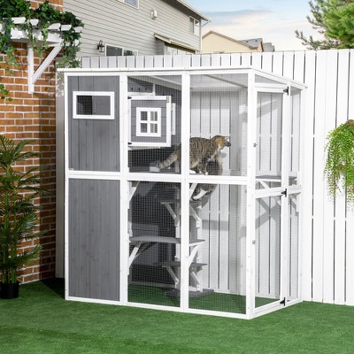 Large Dark Gray Wooden Outdoor Cat Enclosure with Perches
