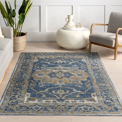 Blue and Yellow Reversible Medallion Synthetic Area Rug