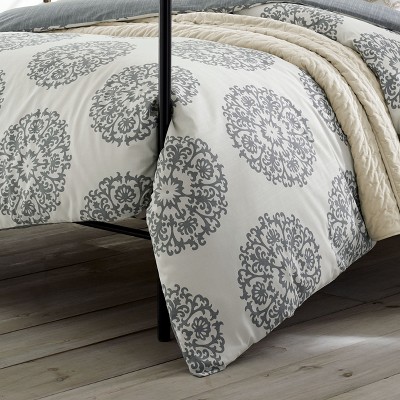 Full/Queen Gray Cotton Medallion Duvet Cover Set