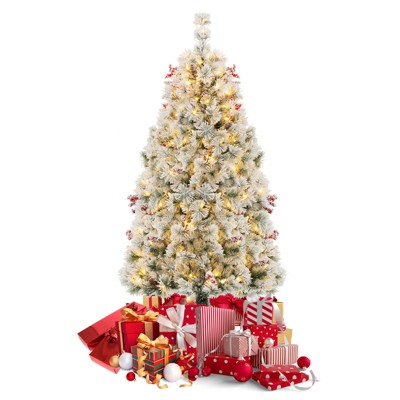 Costway 4.5 FT Pre-Lit Flocked Christmas Tree Hinged Artificial Xmas with 200 LED Lights