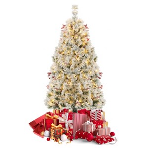 Costway 4.5 FT Pre-Lit Flocked Christmas Tree Hinged Artificial Xmas with 200 LED Lights - 1 of 4