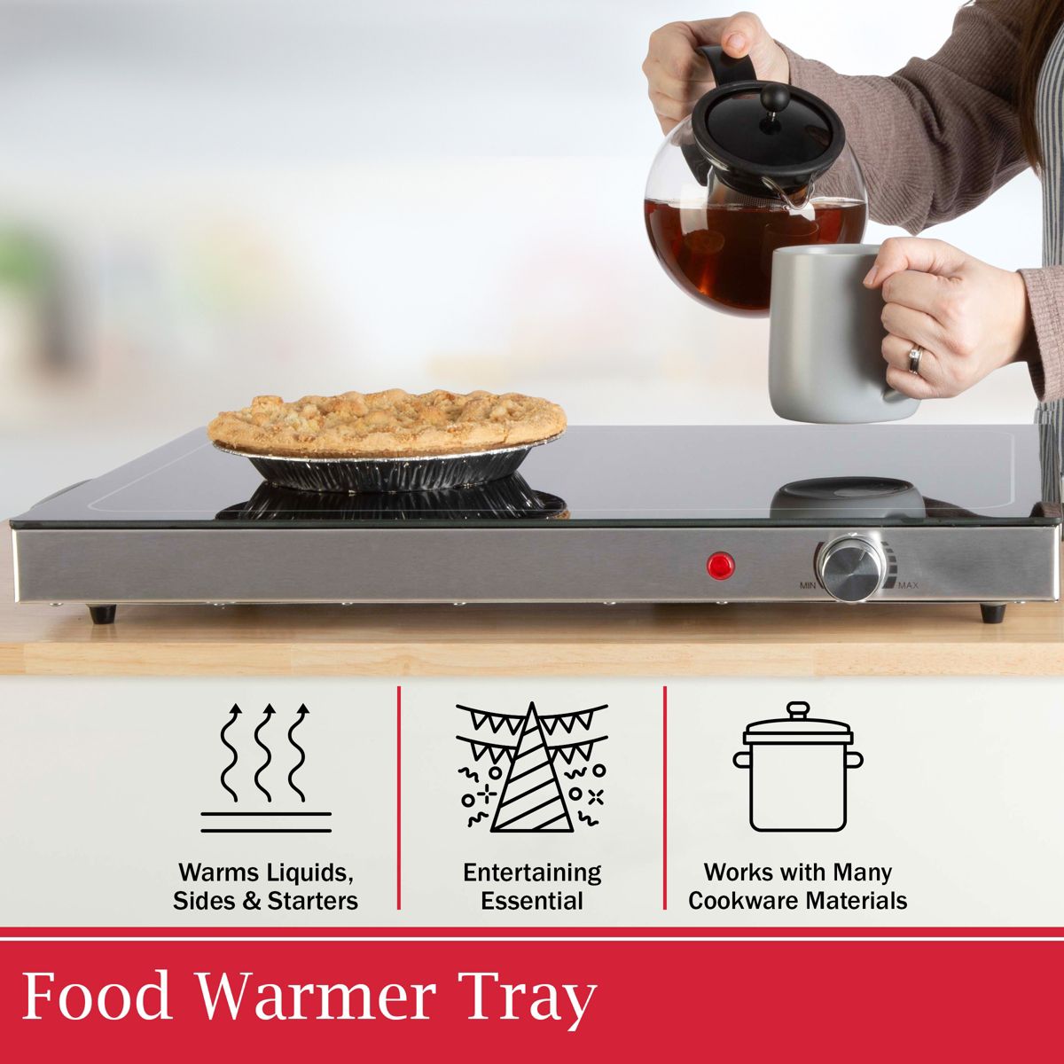 Classic Cuisine Electric Warming Tray - Food Warmer with 3 Temperature Settings, Stainless Steel Construction and Cool-Touch Handles - thumbnail 3