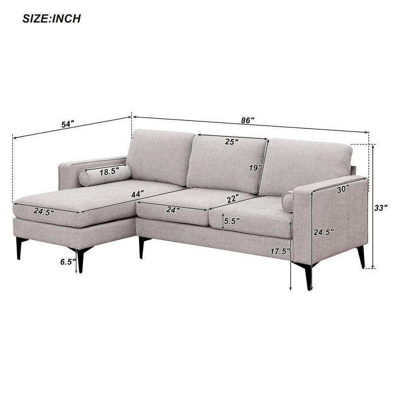 86" Convertible Sectional Sofa, Modern Upholstered Chenille L-Shaped Sofa Couch with 2 Pillows-ModernLuxe, 3 of 17
