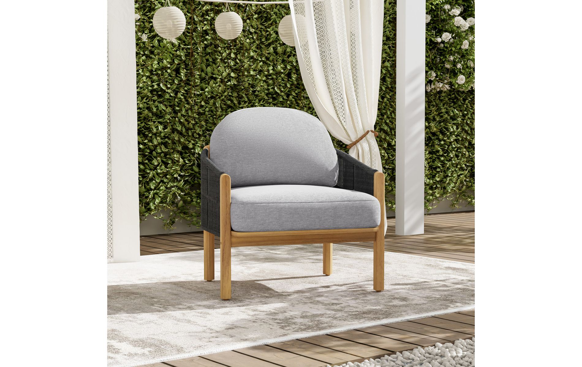 Outdoor Acacia Wood Rope Club Chair with Gray Cushions & Teak Finish, Deep Seating for Patio Garden Porch-3irtyhousy