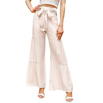 WhizMax Women's Wide Leg High Waist Pants Smocked Elastic Waist Loose Flowy  Pant With Belt Apricot M