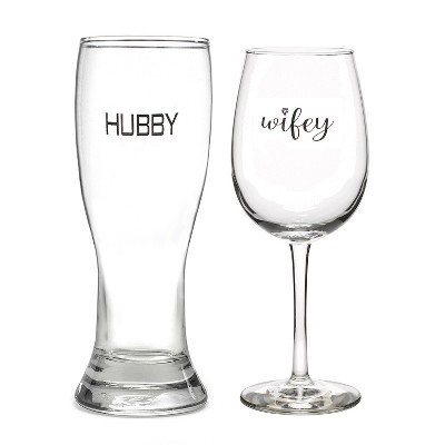 2ct Hubby' Pilsner Glass & 'Wifey' Wine Glass set