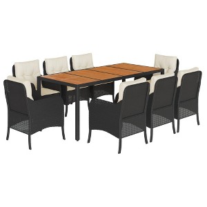 vidaXL - 9 Piece Patio Dining Set, Black PE Rattan, Cushioned Chairs with Acacia Wood Table, Weather-Resistant, Ideal for Gardens/Backyards/Patios - 1 of 4