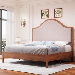 AMERLIFE Wood Bed Frame with Tall Upholstered Curved Headboard, Solid Wood Platform, No Box Spring Needed, Wood Slat Support - 1 of 4
