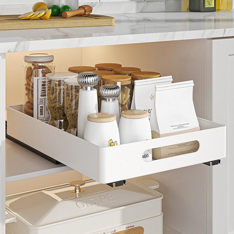 Garvee Pull Out Cabinet Organizer, Sliding Drawer Storage Basket for Kitchen Pantry Bathroom, Under Sink Shelf Organiser, White (37x26x8cm)