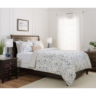Blue Taupe Layered Leaf Microfiber Queen Duvet Cover Set