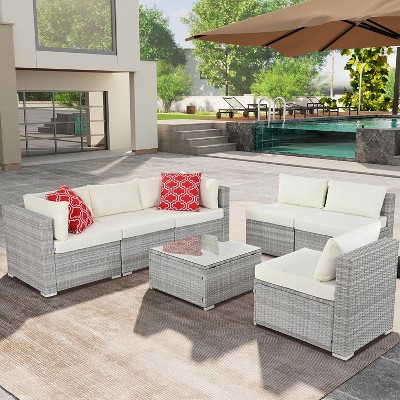 ELJGET 7 Piece Patio Furniture Set Outdoor Wicker Conversation Sets All Weather PE Rattan Sectional Sofa Set with Cushions & Coffee Table