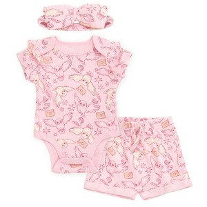 Harry Potter Hedwig Newborn Baby Girls Ribbed Bodysuit, Shorts and Headband 3 Piece Outfit Set Blush Pink Hedwig 0-3 Months - 1 of 4