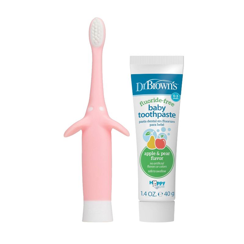 Dr. Brown&#39;s Infant-to-Toddler Training Toothbrush &#38; Fluoride-Free Baby Toothpaste Pear &#38; Apple Flavor - 0-3 years - Pink Elephant, 6 of 8