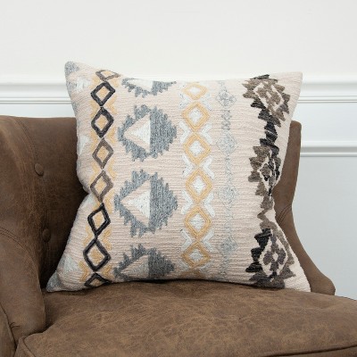 24" Beige and Gray Embroidered Cotton Square Throw Pillow