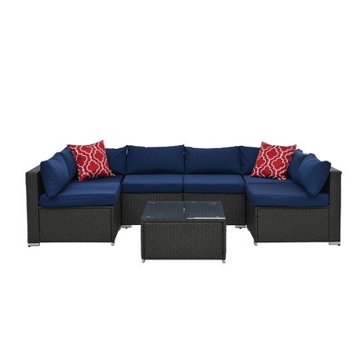 Maggift 7PCS Patio Seating Rattan Furniture Set Sectional Sofa Cushioned Garden, Tempered Glass Table, Blue, 29.1"*29.1"*25.5"