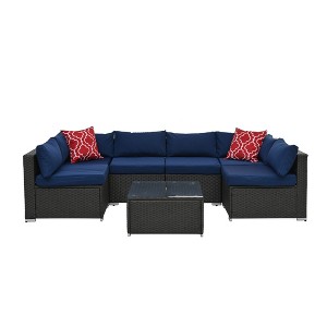 Syemin 7PCS Patio Seating Rattan Furniture Set Sectional Sofa Cushioned Garden, Tempered Glass Table, Blue, 29.1"*29.1"*25.5" - 1 of 4