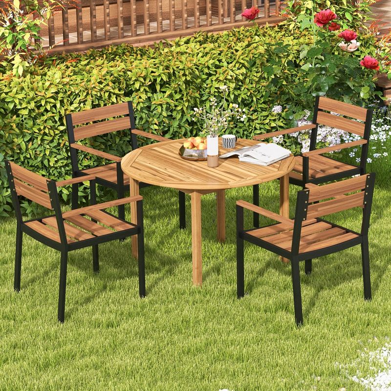 Costway Patio Dining Table Acacia Wood Round Outdoor Bistro Table 4-Person for Deck Lawn, 4 of 11