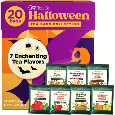 Gya Tea Co Halloween Tea- 7 Flavors, 20 Bags Total - Easy Brew,Caffeinated & Caffeine Free Holiday Gift Sampler Blends