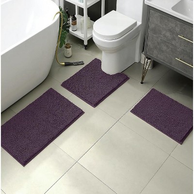Home Mart Goods 3 Piece Set Plum Purple Soft Cozy Plush Chenille Bath Mat Highly Absorbent Bathroom Rug