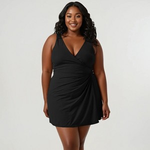 Calypsa Women's Plus Size Alana Wrap-Style Swim Dress With Hidden Bottoms and Adjustable Straps - 1 of 4