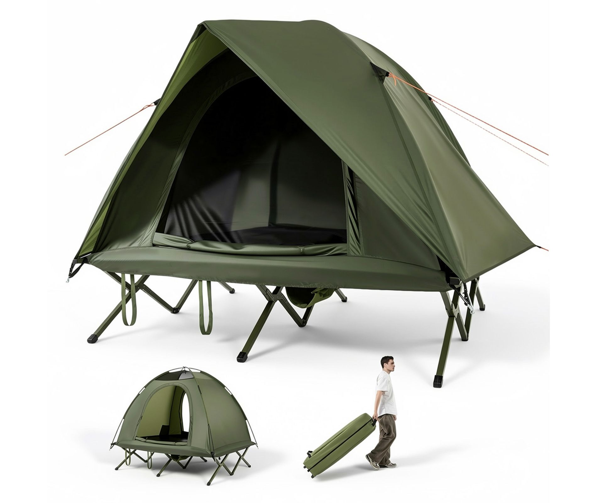 2 Person Camping Cot Tent Combo with Waterproof Rainfly Skylight Roof and Carry Bag