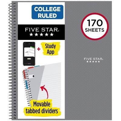 Five Star 170 Sheets College Ruled Notebook Feature Rich Gray: 3 Subject Spiral, 8.5x11", Bleed-Resistant, Perforated Pages