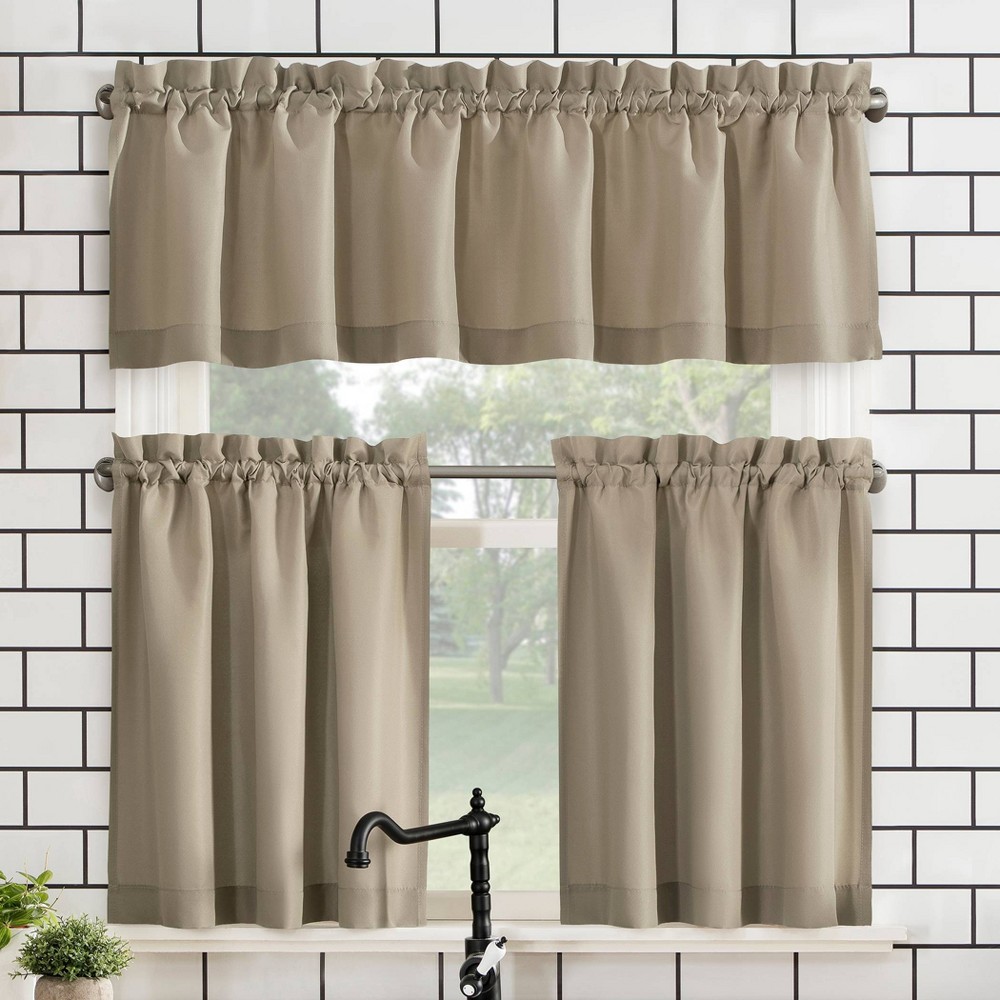 Set of 3 (24"x27") Martine Microfiber Semi-Sheer Rod Pocket Kitchen Curtain Valance and Tiers Set Beige - No. 918