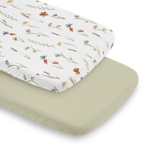 Sweet Jojo Designs Girl Baby Bassinet Fitted Sheets Set Watercolor Floral Garden Green Orange and Beige 2pc - 1 of 4