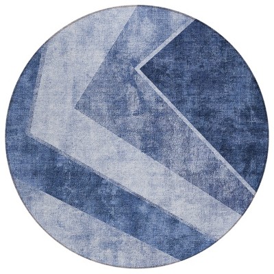 Navy Blue And Denim Blue Geometric Washable Indoor Outdoor Area Rug