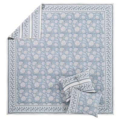 Adare Blue and White Cotton Floral Full/Queen Quilt Set