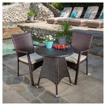 Georgina 3pc Wicker Patio Bistro Set with Cushions - Brown - Christopher Knight Home