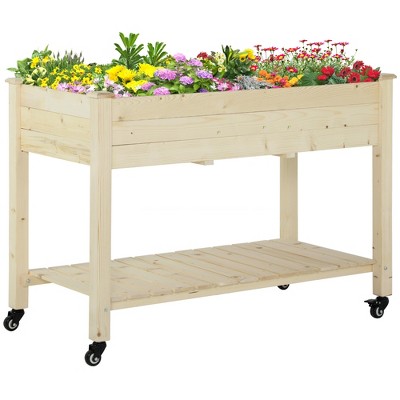 Outsunny 47" x 21" Raised Garden Bed Elevated Wooden Planter Box w/ Lockable Wheels, Storage Shelf and Bed Liner for Backyard, Patio