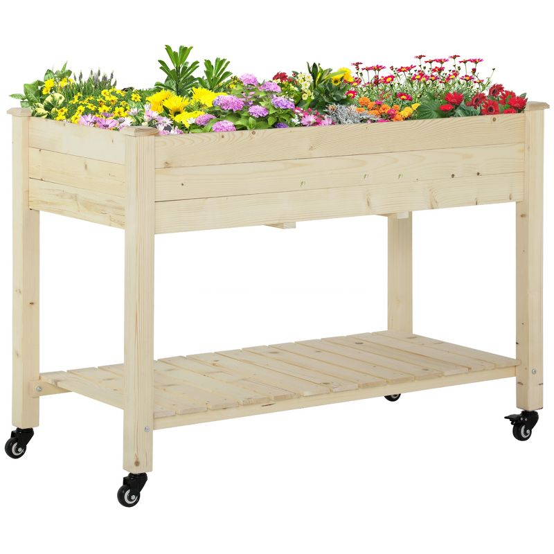 Outsunny 47" x 21" Raised Garden Bed, Elevated Wooden Planter Box w/ Lockable Wheels, Storage Shelf, and Bed Liner for Backyard, Patio, 1 of 10