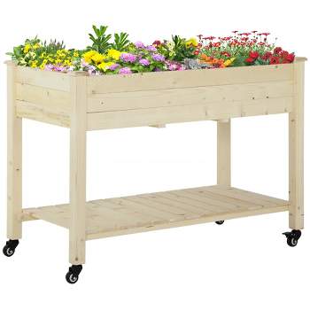 Outsunny 47" x 21" Raised Garden Bed, Elevated Wooden Planter Box w/ Lockable Wheels, Storage Shelf, and Bed Liner for Backyard, Patio