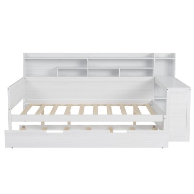 Bellemave Wooden Full Size Daybed with Storage Shelves, Multi-functional Bed with Twin Size Trundle Bed and Study Desk, Antique White
